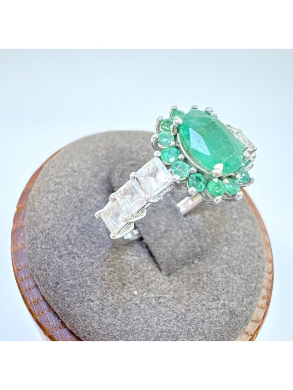 Emerald & CZ Prong Set Statement Ring Sterling Silver 925 Size 7.25